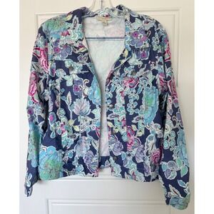 Appleseed's Women's‎ Blue Lavender Soft Knit Jean Style Floral Jacket Sz PET LG